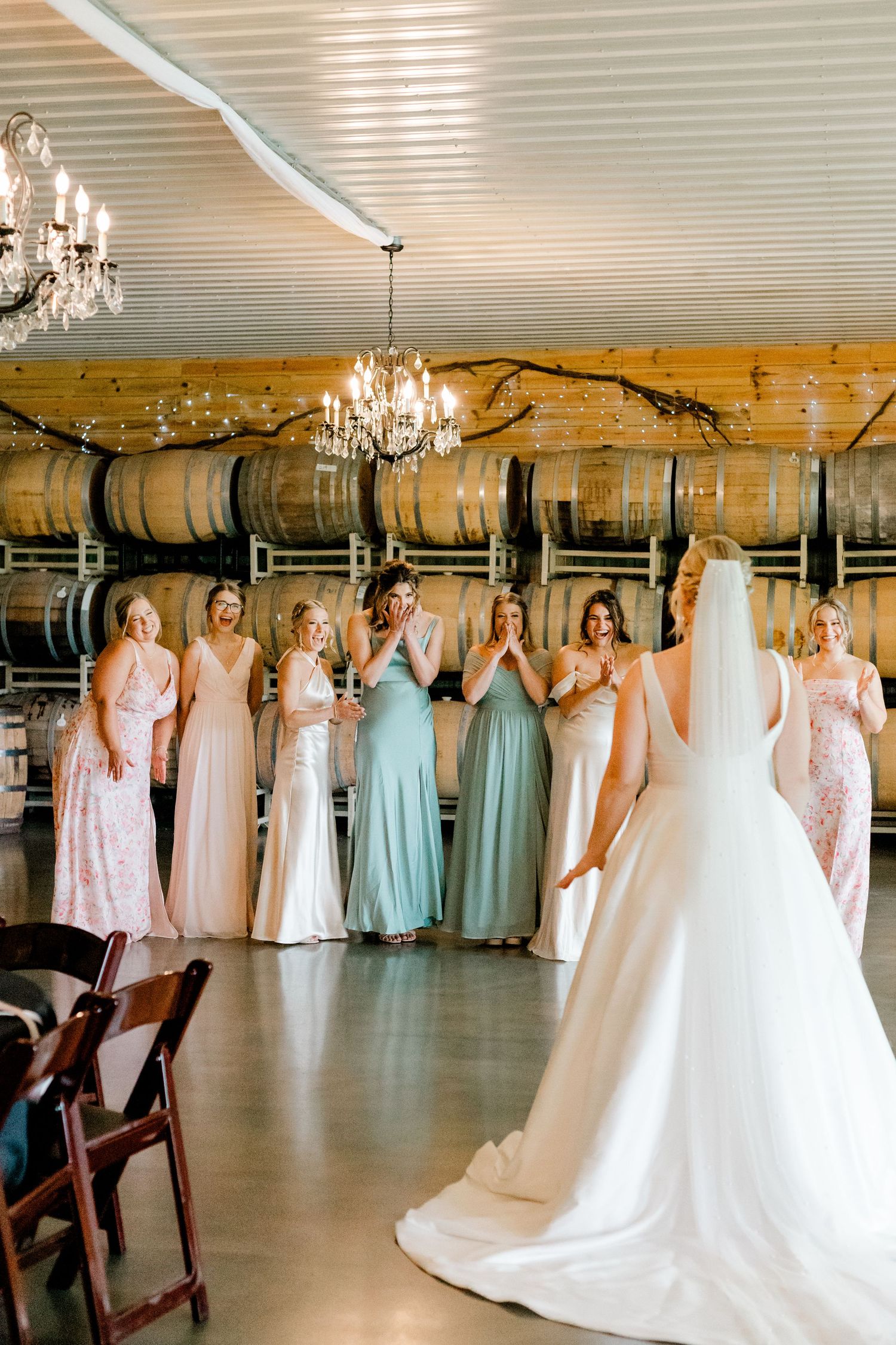 Bride in white gown reveals dress to excited bridesmaids in pastel dresses at winery venue.