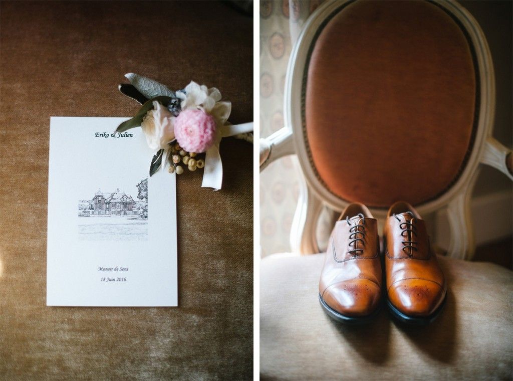 Wedding program with floral boutonniere and brown leather dress shoes on vintage chair.