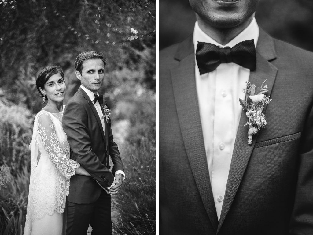 Black and white wedding portrait of couple and close-up of groom's boutonniere and bow tie.