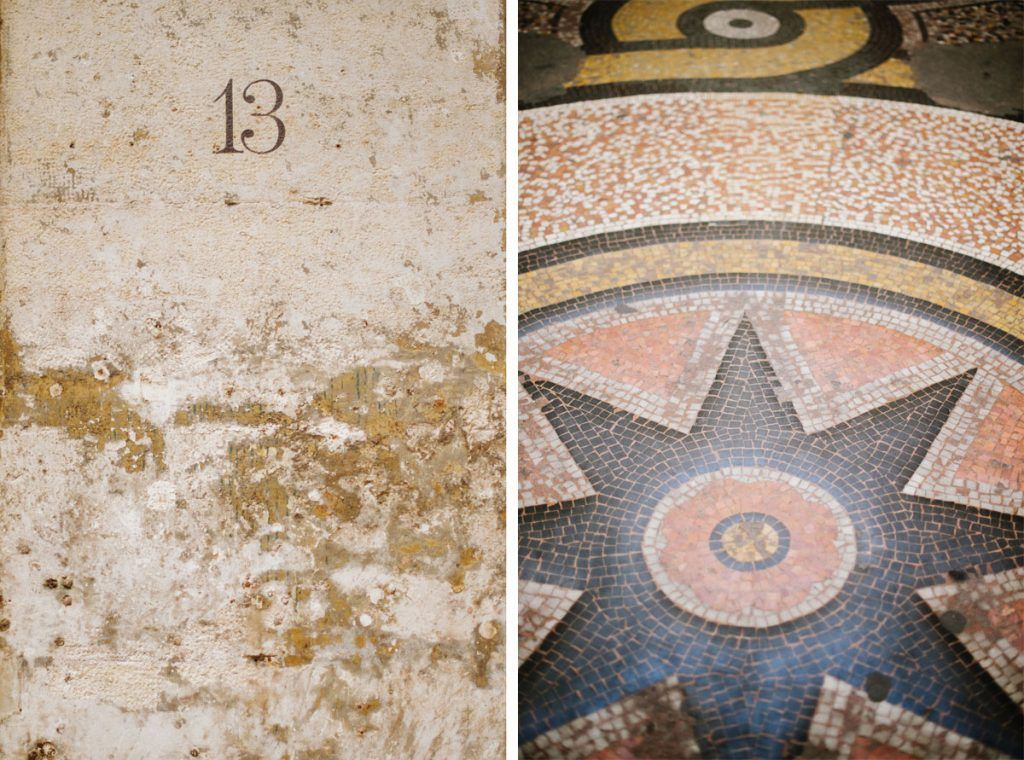 Split image showing a weathered wall with number 13 and a decorative mosaic star floor pattern inside Galerie Vivienne, Paris.