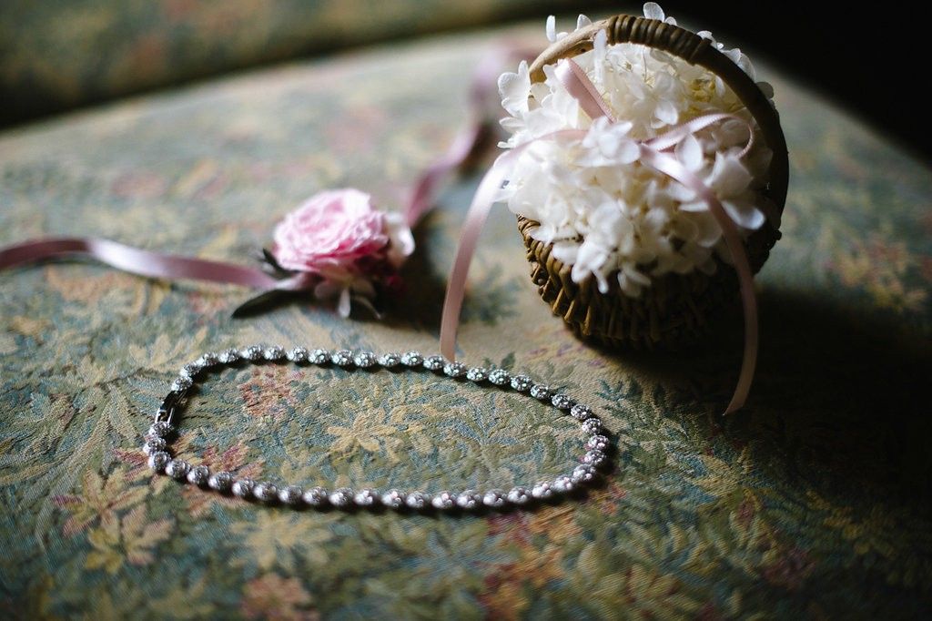 Pearl necklace and floral corsage beside a decorative basket on a floral patterned surface.