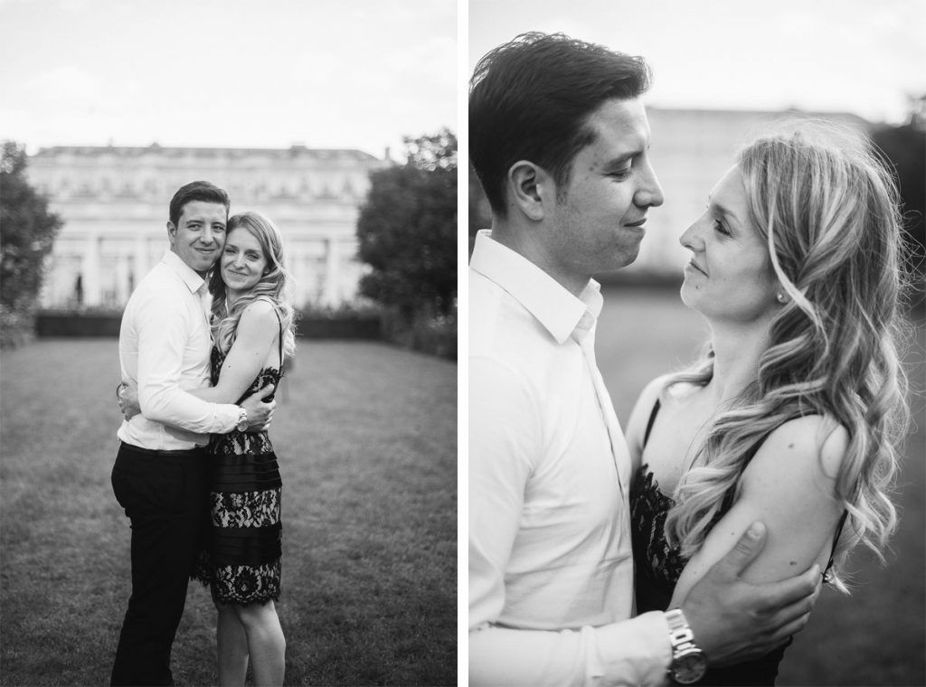 Black and white diptych of couple embracing and sharing a romantic moment outdoors near elegant building.