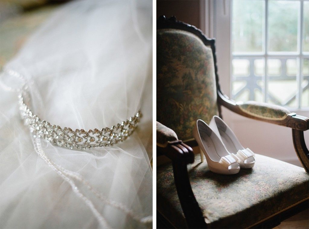 Elegant bridal accessories featuring a rhinestone veil headband and white peep-toe heels.