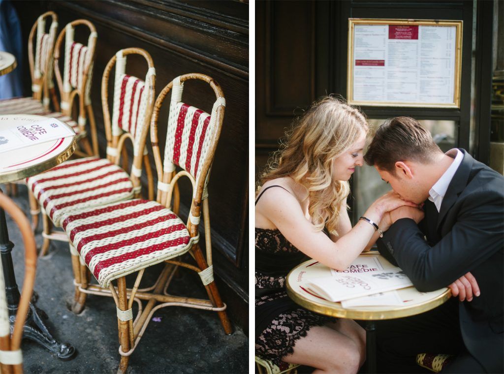 Diptych of Parisian cafe chairs and couple sharing a romantic moment at a small bistro table.