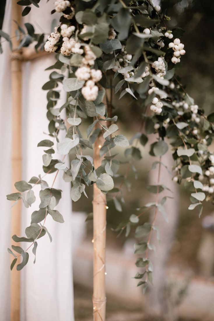 Elegant wedding arch adorned with cascading eucalyptus greenery and delicate white berry clusters on bamboo poles.