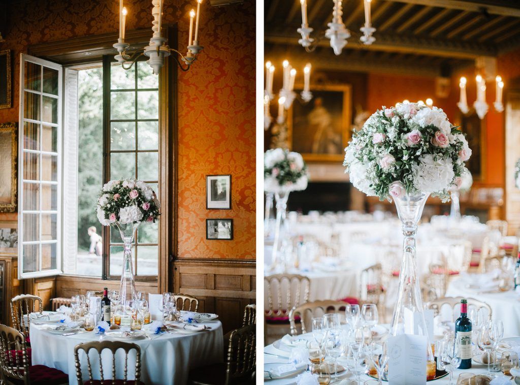 Diptych of grand chateau wedding reception room featuring tall rose floral arrangements and candelabras.