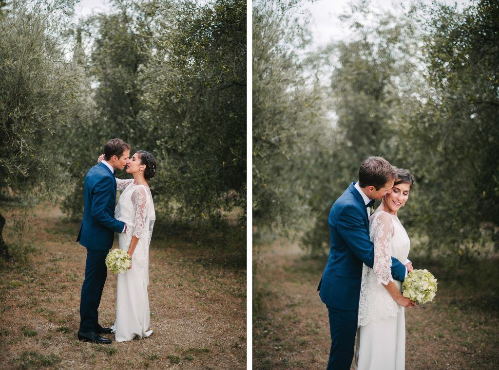 Romantic diptych of bride and groom kissing and embracing among olive trees in outdoor wedding portraits.