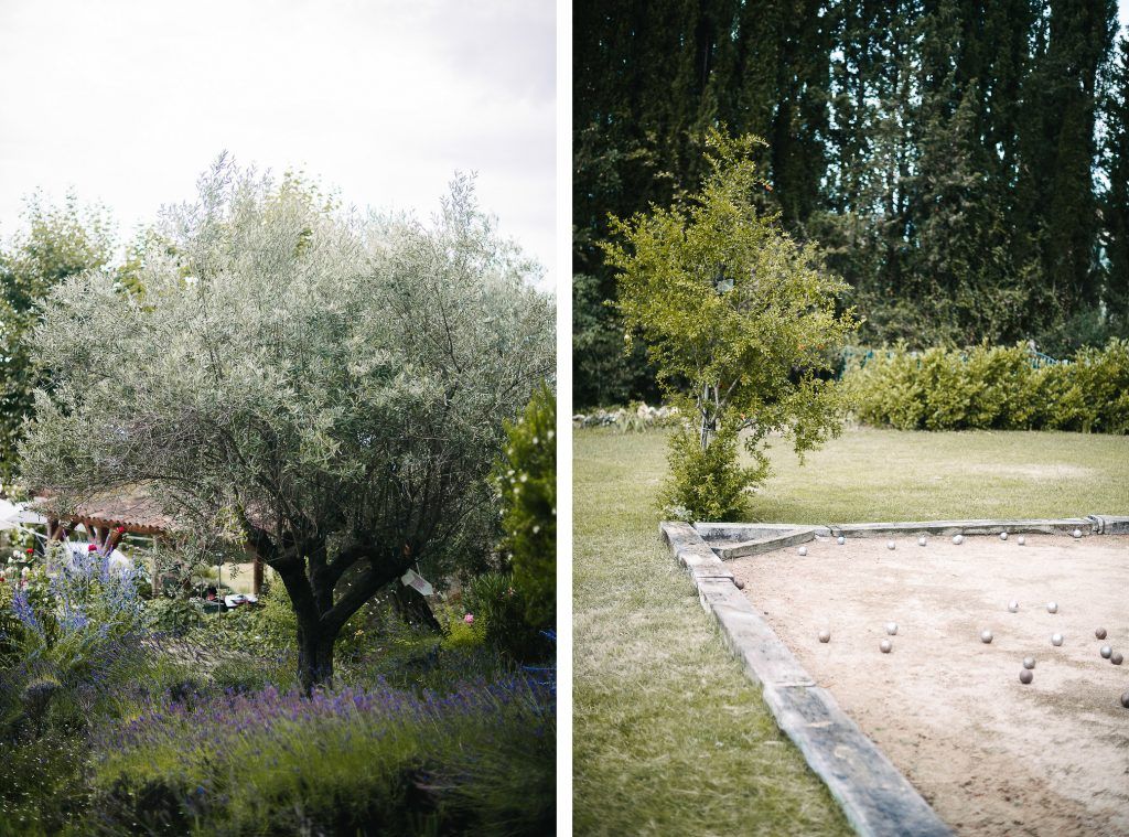 Diptych of an olive tree garden and a petanque court at a French countryside wedding venue.