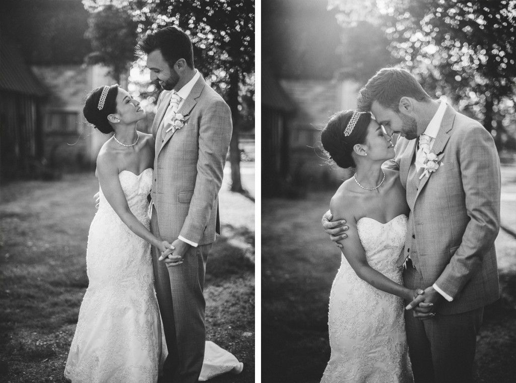 Black and white diptych of bride and groom embracing and sharing a romantic moment outdoors.