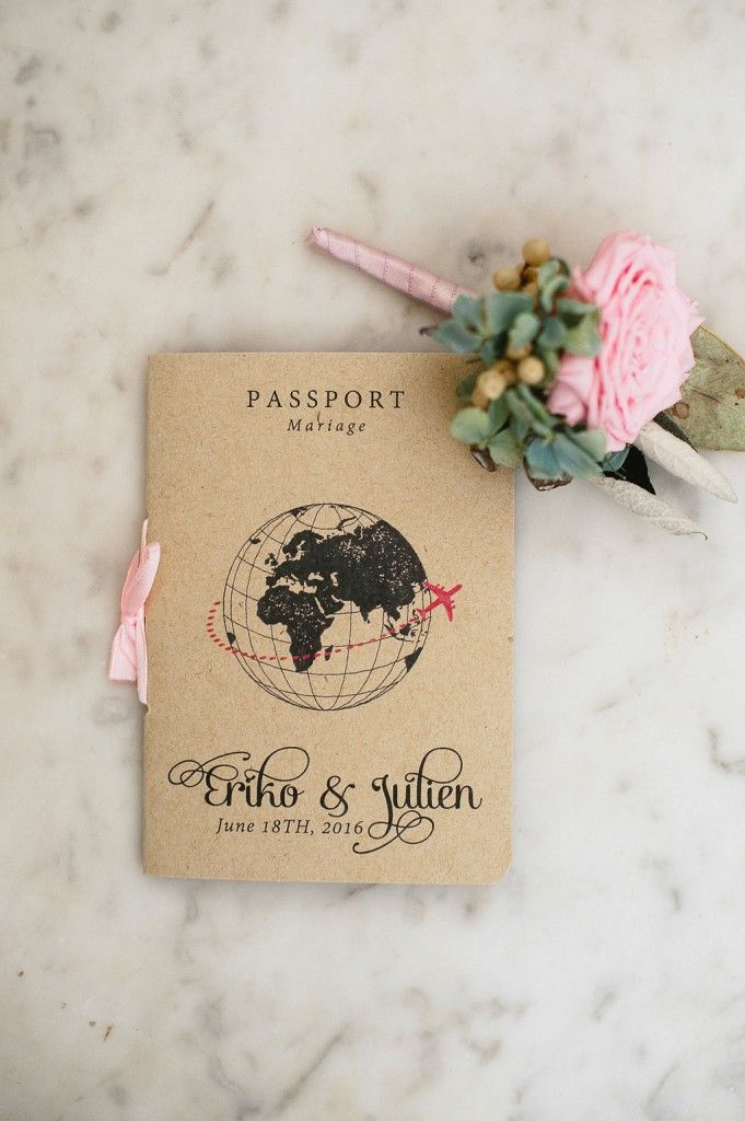 Travel-themed kraft paper wedding passport program for Eriko and Julien, June 18th 2016.