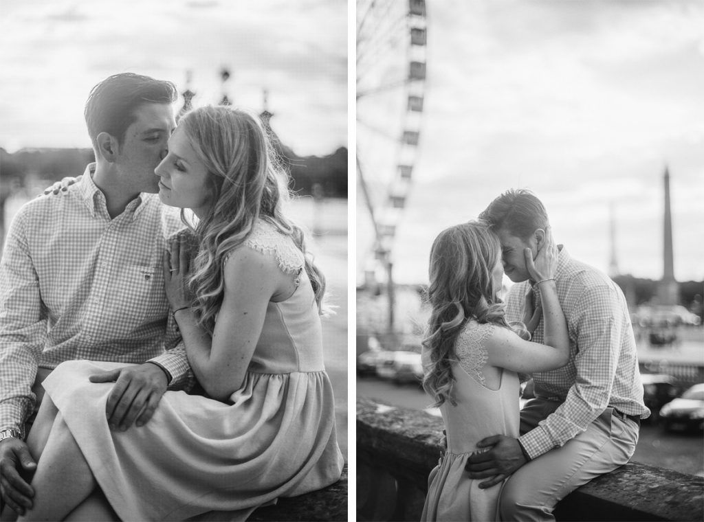 Black and white diptych of a couple sharing romantic kisses near a Ferris wheel in Paris.
