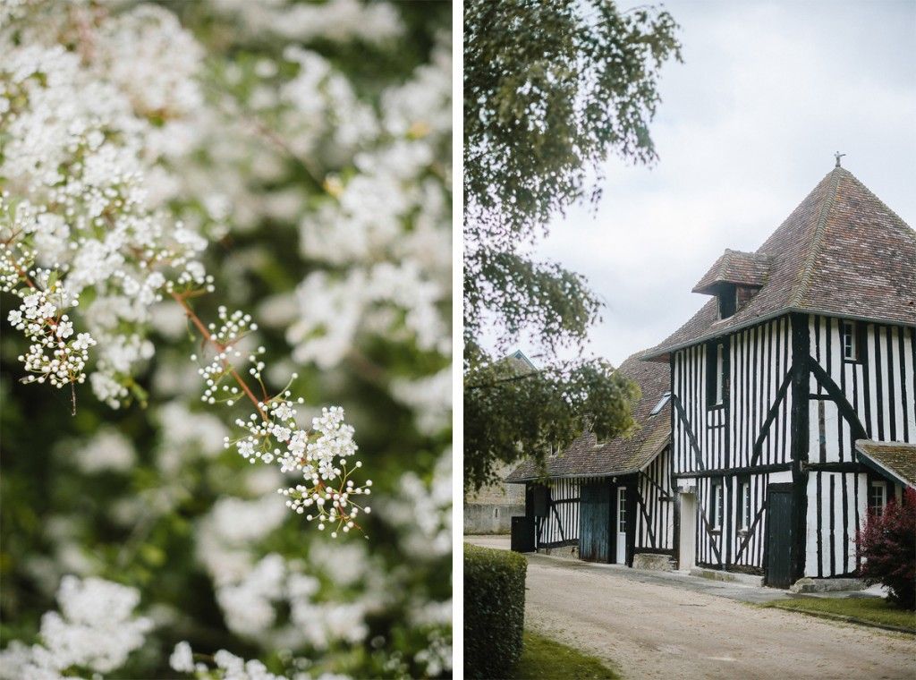 White blooming flowers beside a traditional black and white timber-framed French farmhouse.