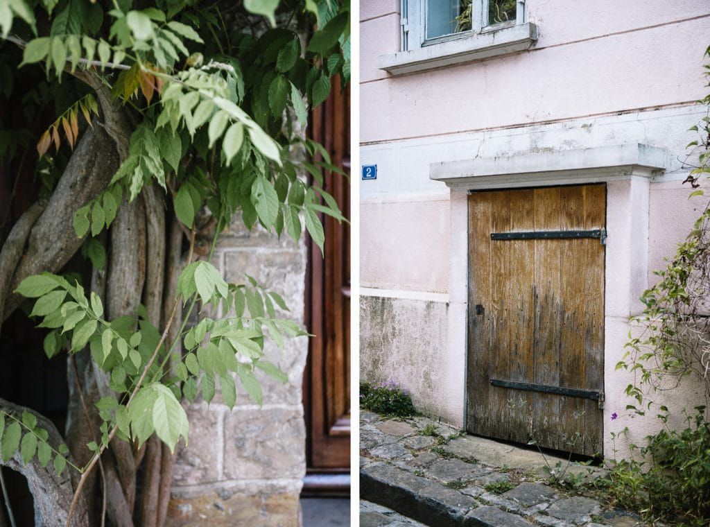 Charming French street scene with a rustic wooden door and lush green wisteria vine on stone wall.