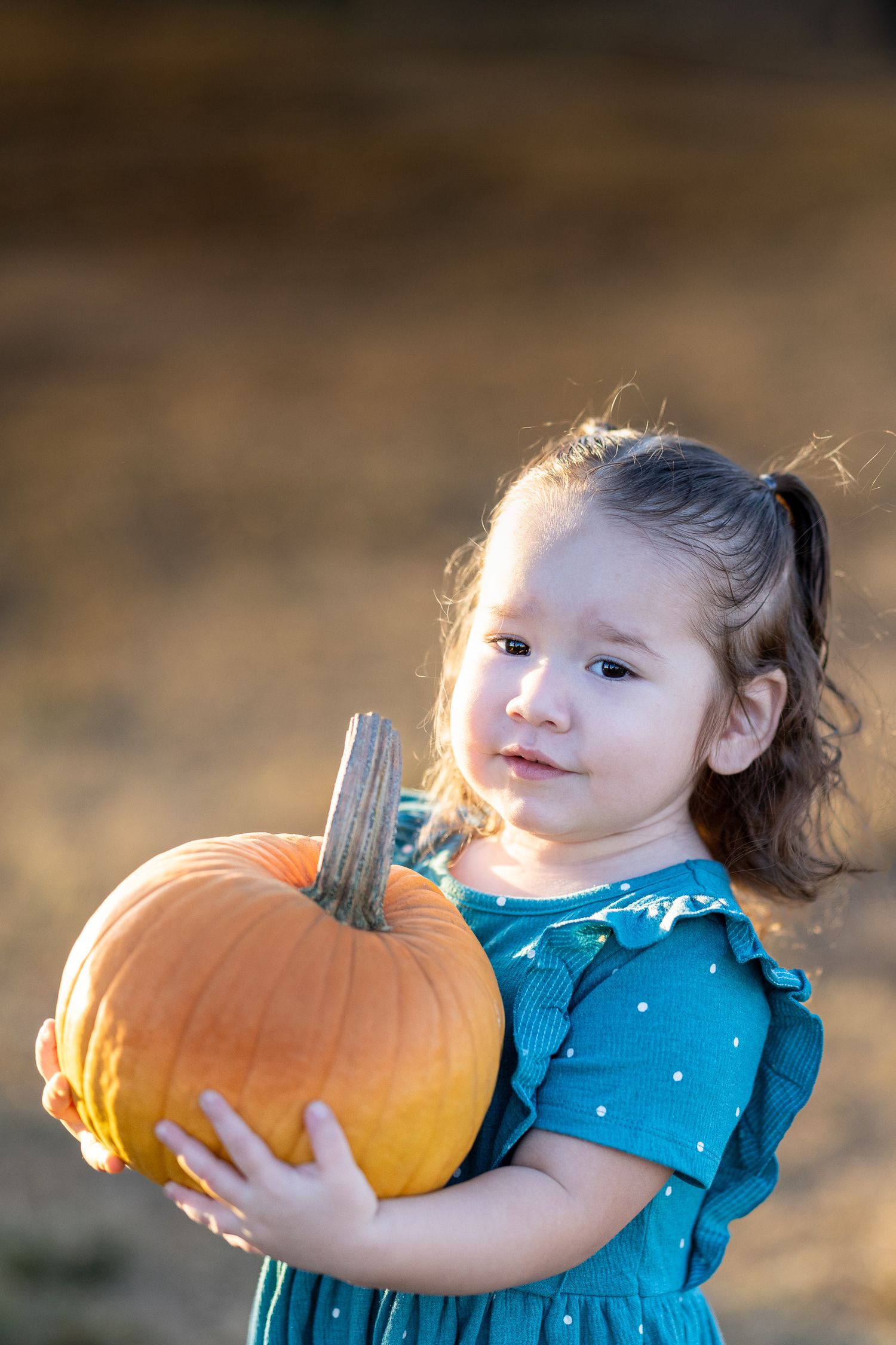 Young girl in teal dress holding a large orange pumpkin outdoors during autumn harvest season.