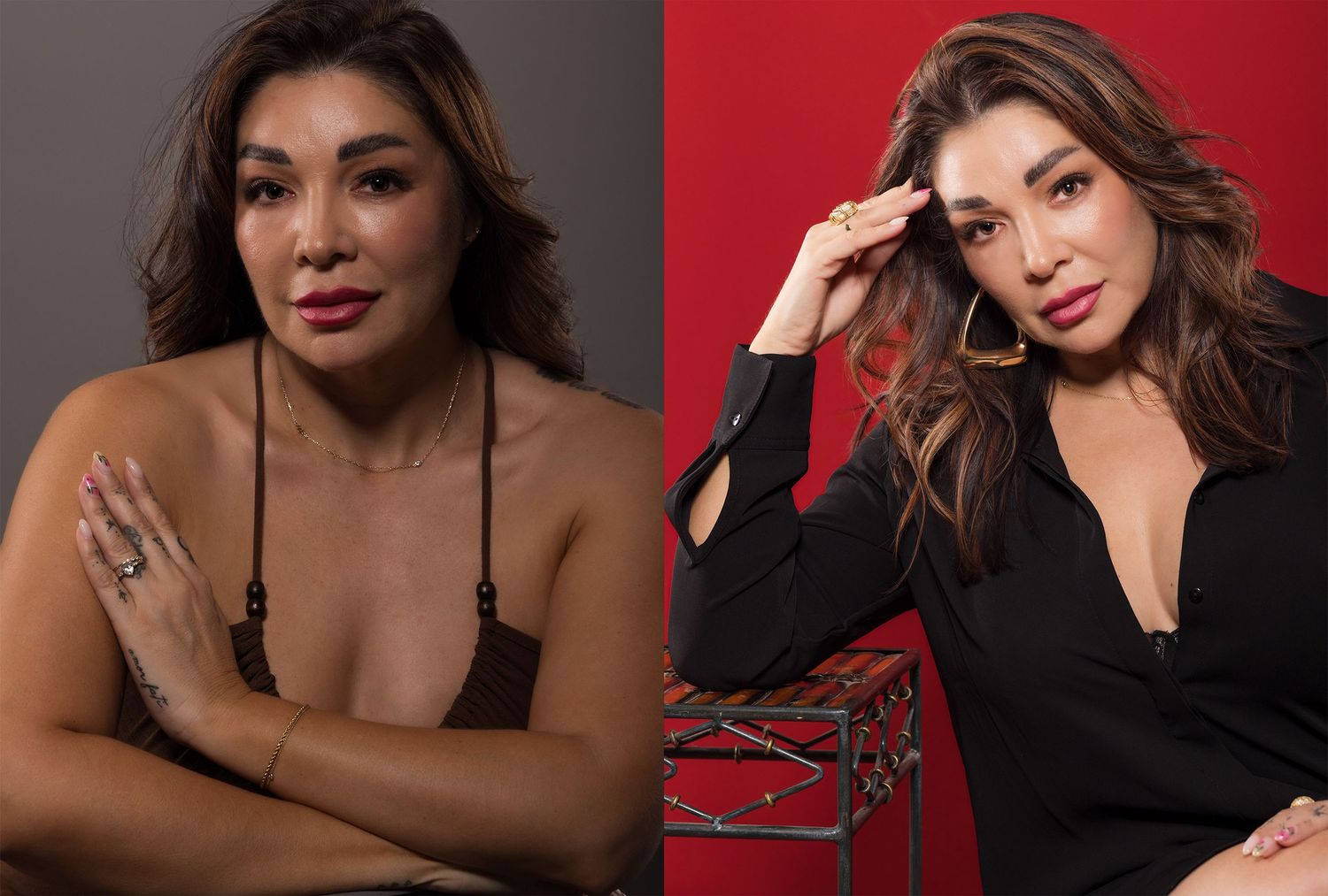 Side-by-side portraits of a woman with long dark wavy hair, one in a brown halter top with arms crossed, one in a black blouse against red.