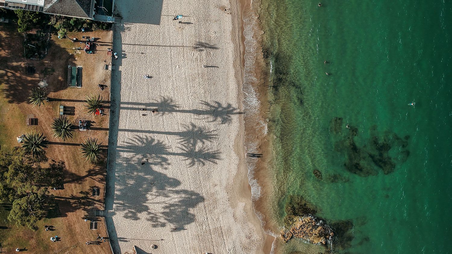 Aerial view of coastal landscape with palm trees and buildings along turquoise waters.