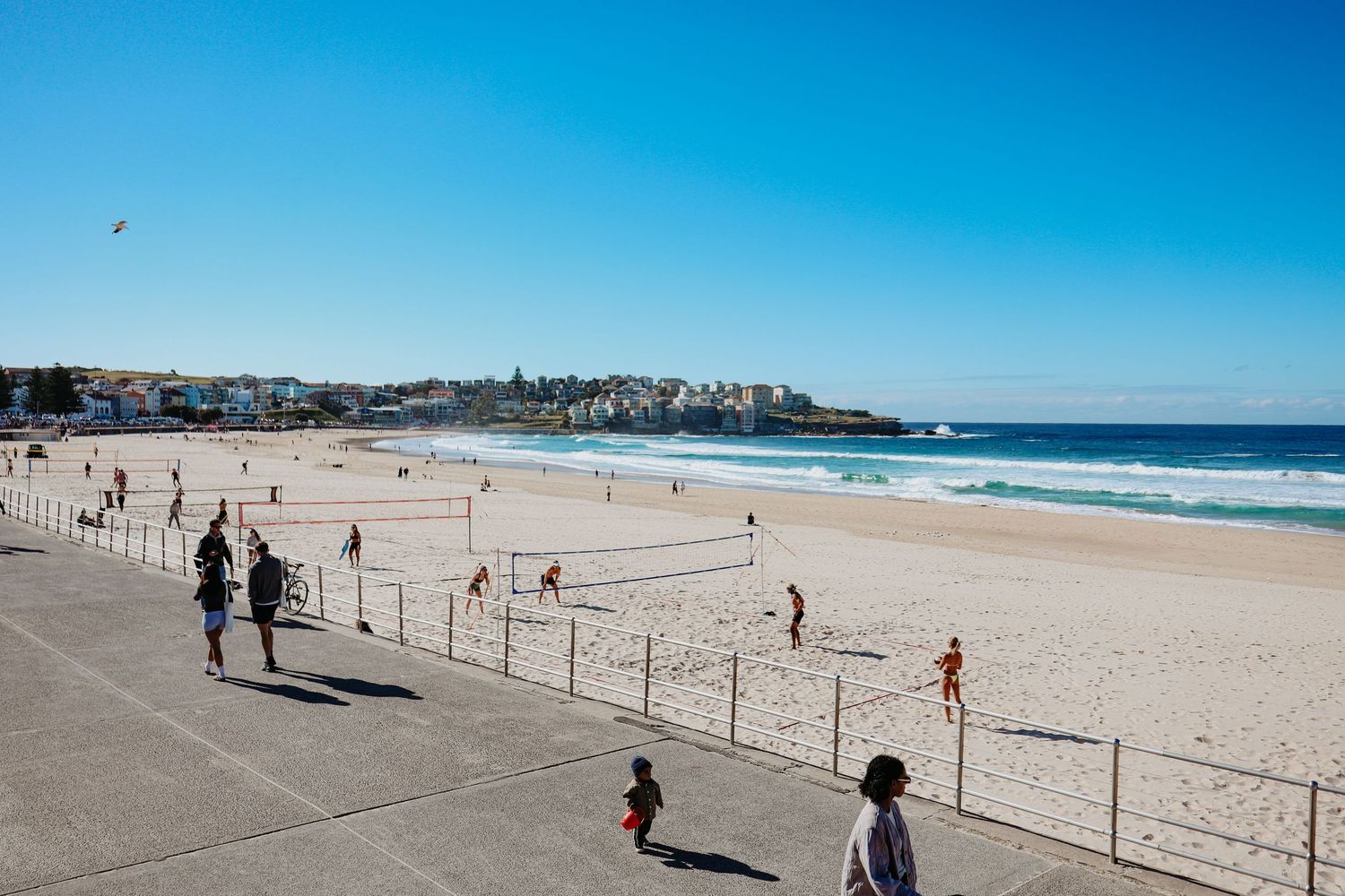 Beachgoers enjoy a sunny day at Bondi Beach, Sydney, with volleyball nets, golden sand, and blue ocean waves.