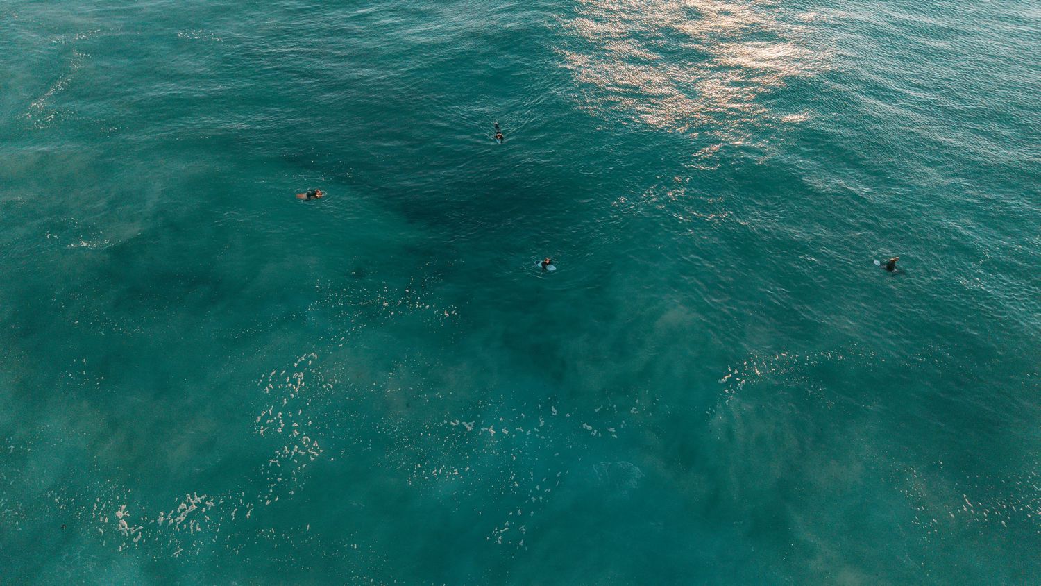Aerial view of turquoise ocean water with several swimmers visible from above on a clear day.