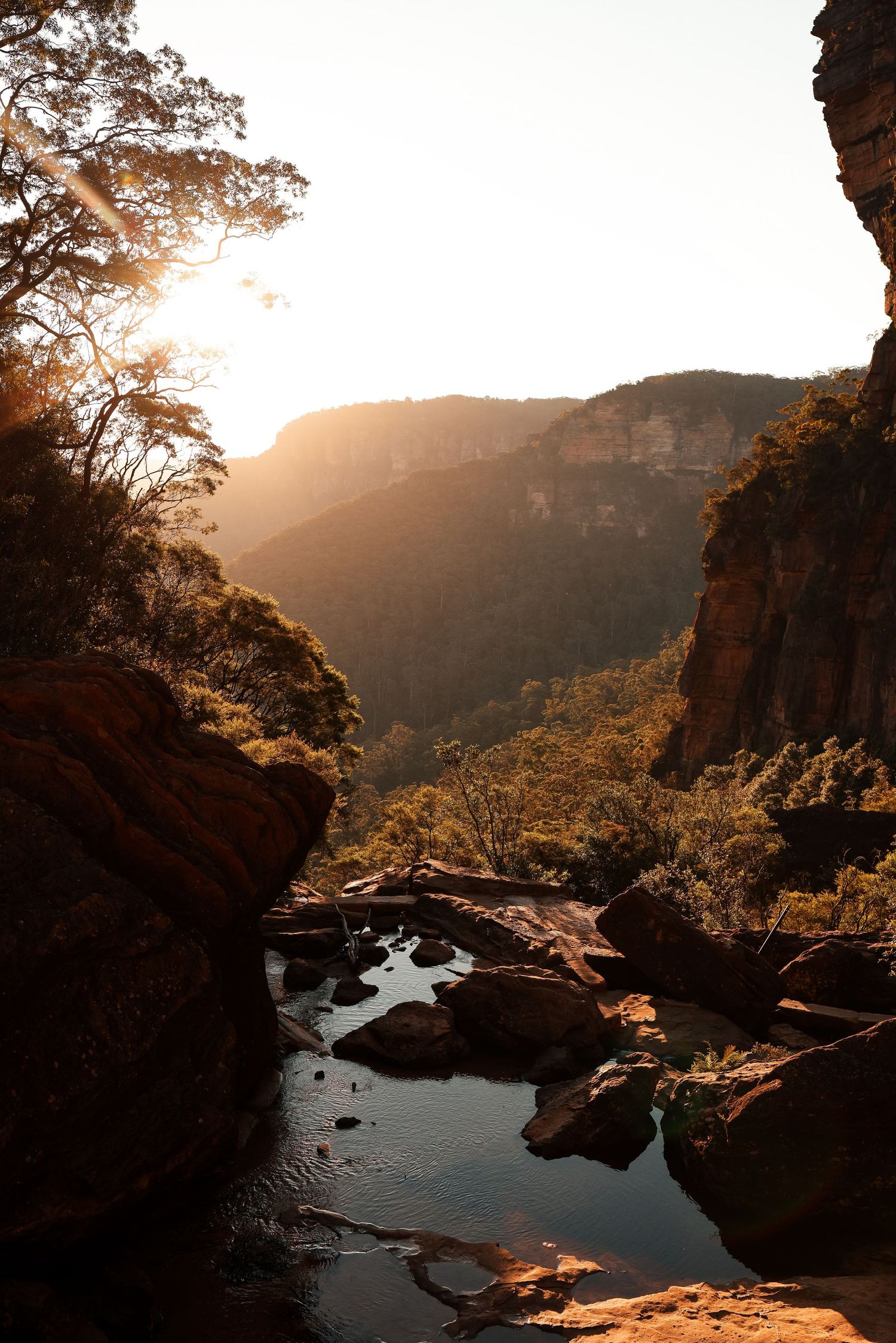 Sunset illuminates Wentworth Falls with calm pools flowing between cliffs in Blue Mountains.