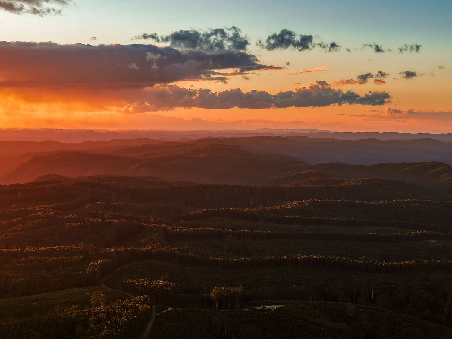 Rolling hills and valleys bathed in warm orange sunset light with mountains in the distance.