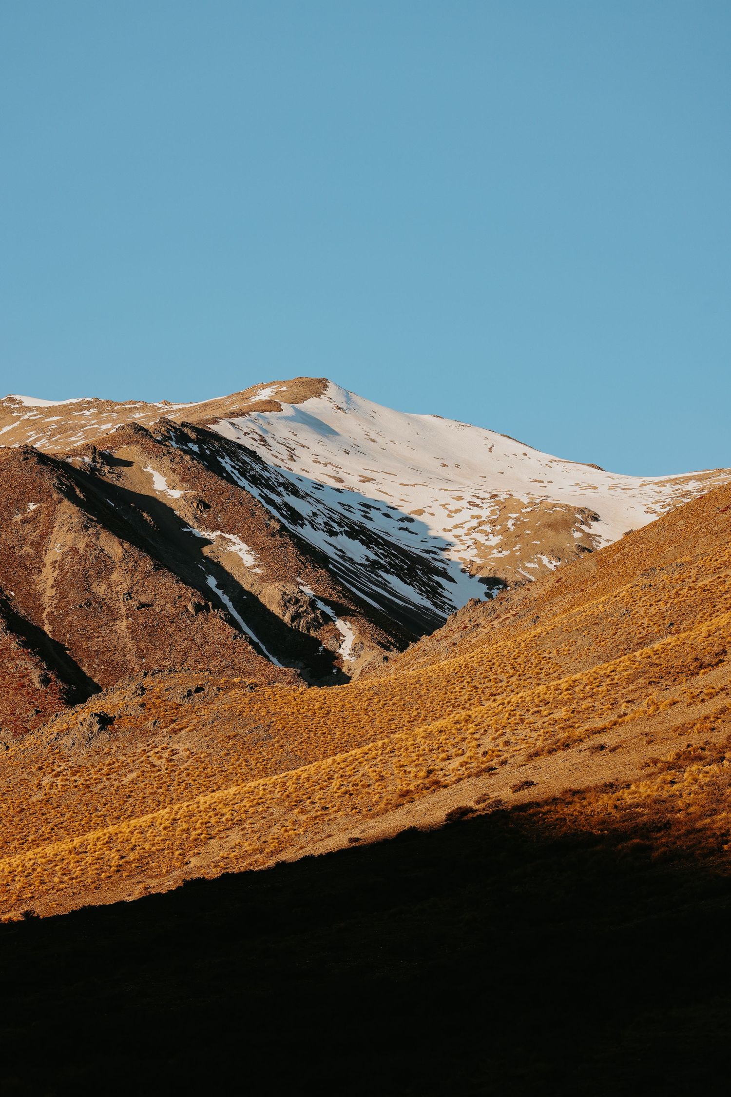 Snow-covered mountain peaks glowing golden in late afternoon sunlight.