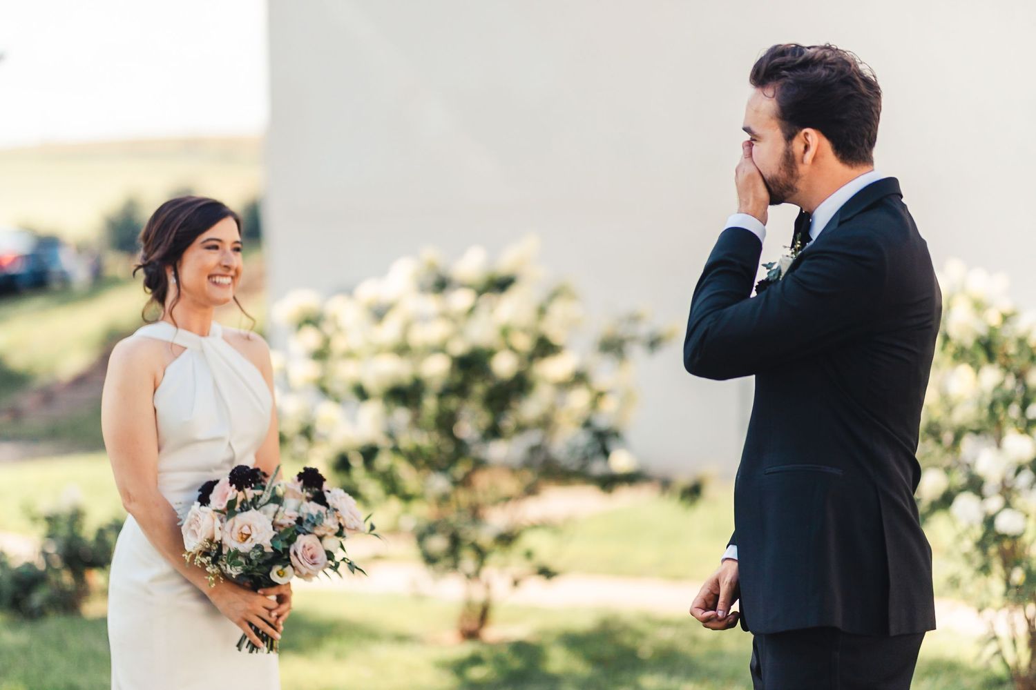 Bride and groom first look reaction during West Palm Beach Florida wedding