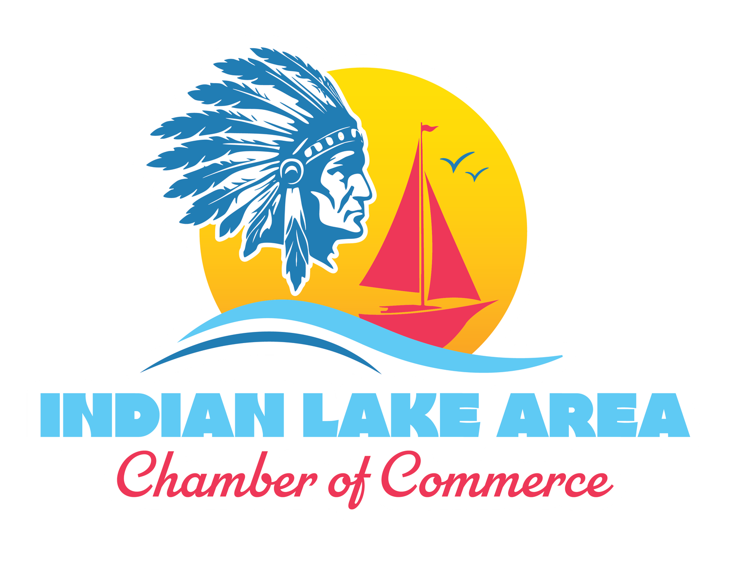 Five variations of Indian Lake Area Chamber of Commerce logos featuring Native American profiles and nautical elements.