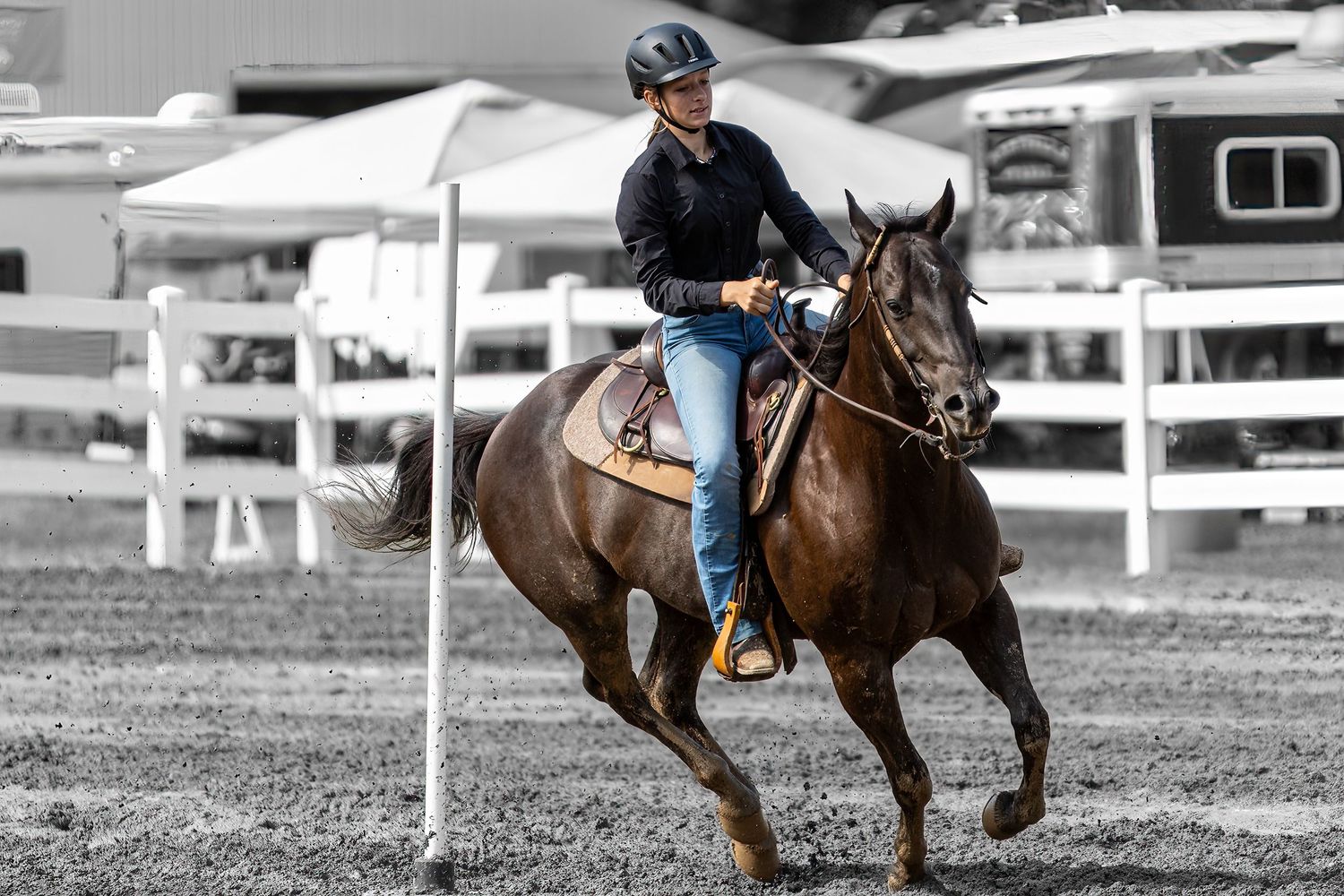 Black and white action shots of barrel racing competition at equestrian event.