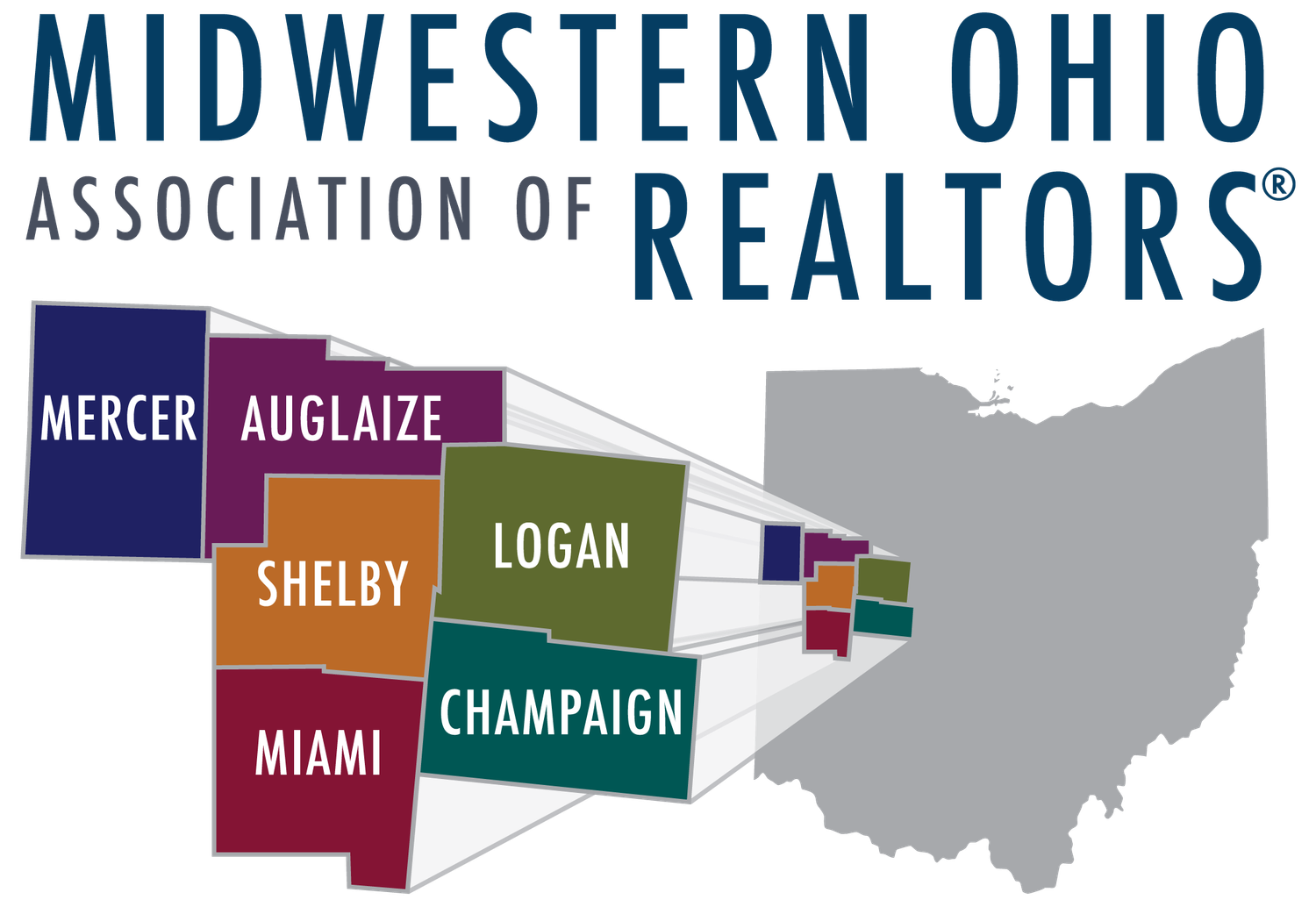 Map showing counties in Midwestern Ohio with colored regions representing different districts.