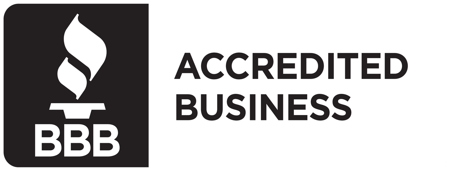 Black and white Better Business Bureau accredited business logo showing BBB trademark symbol.
