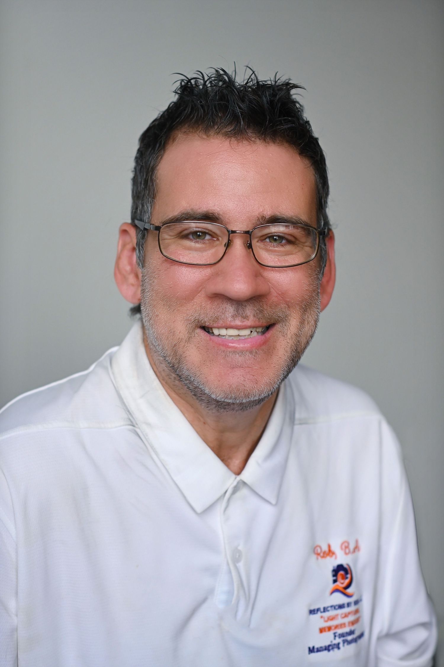 Professional headshots showing person in white polo shirt with glasses and company logo.
