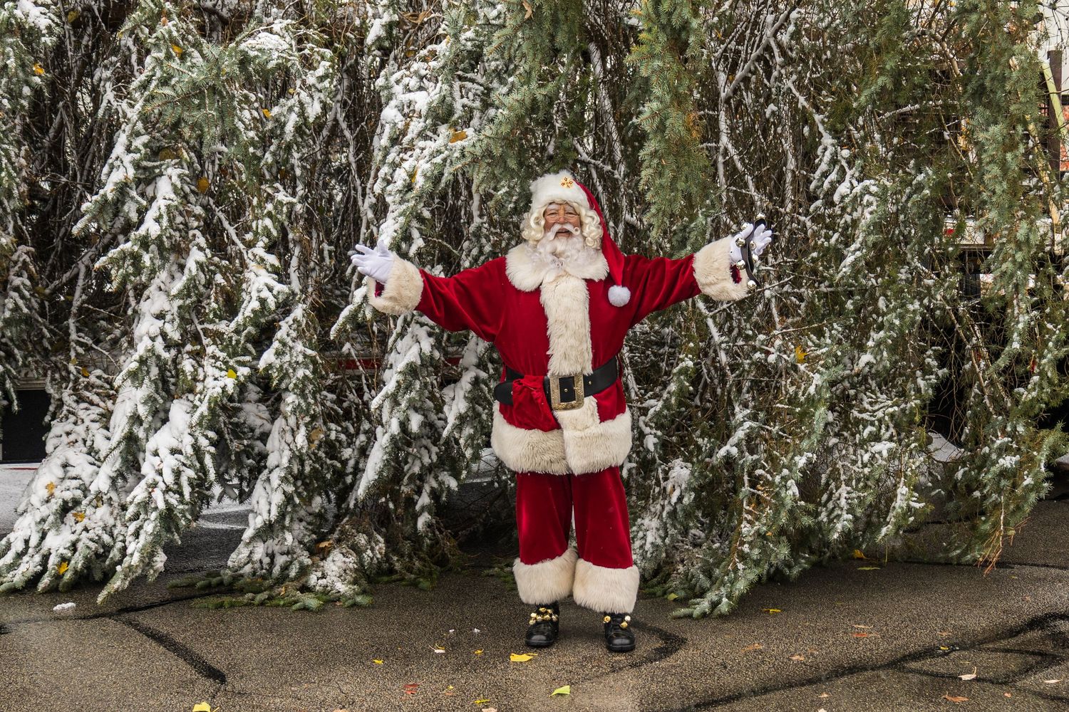 Santa Claus poses with outstretched arms against snow-covered evergreen trees.