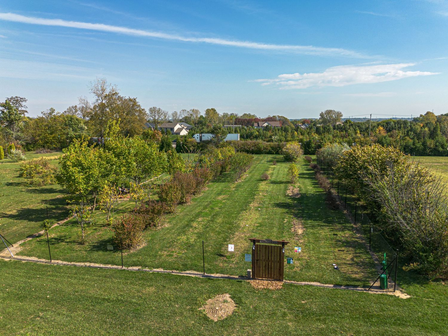 Panoramic view of a green countryside with mowed paths and scattered trees.