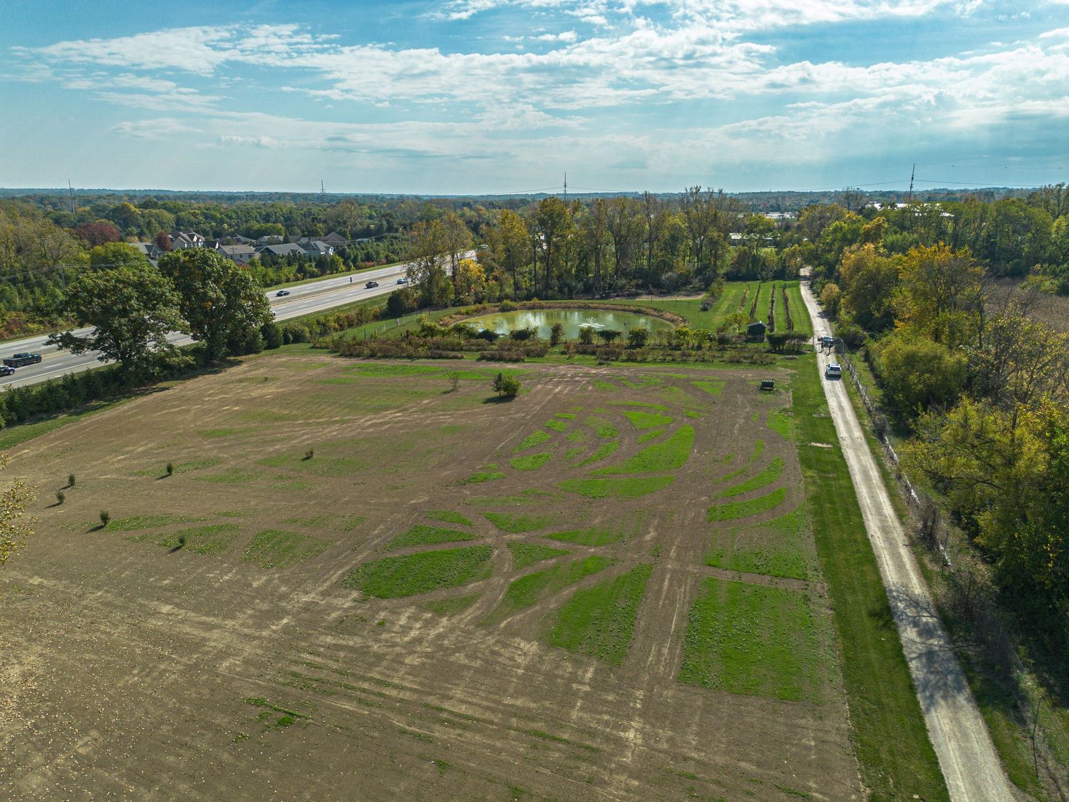 Aerial view of agricultural fields and rural roads during autumn season.