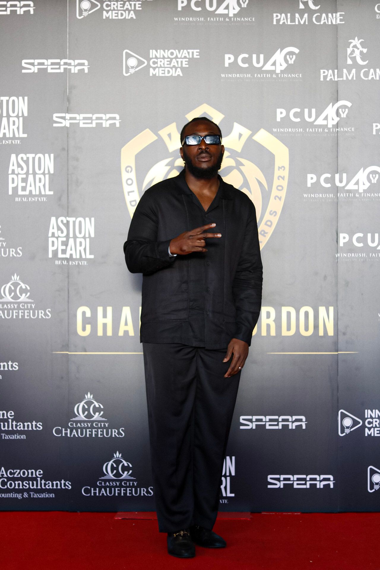 Professional photo backdrop with multiple sponsor logos and a red carpet.