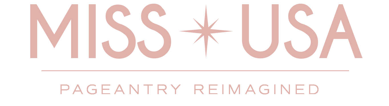 Pink and white Miss USA pageant logo with a star symbol and the tagline 'Pageantry Reimagined' below.
