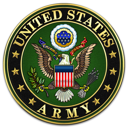 Five oval US Army emblems showing eagle seals with stars and stripes in green, gold and red colors arranged horizontally.