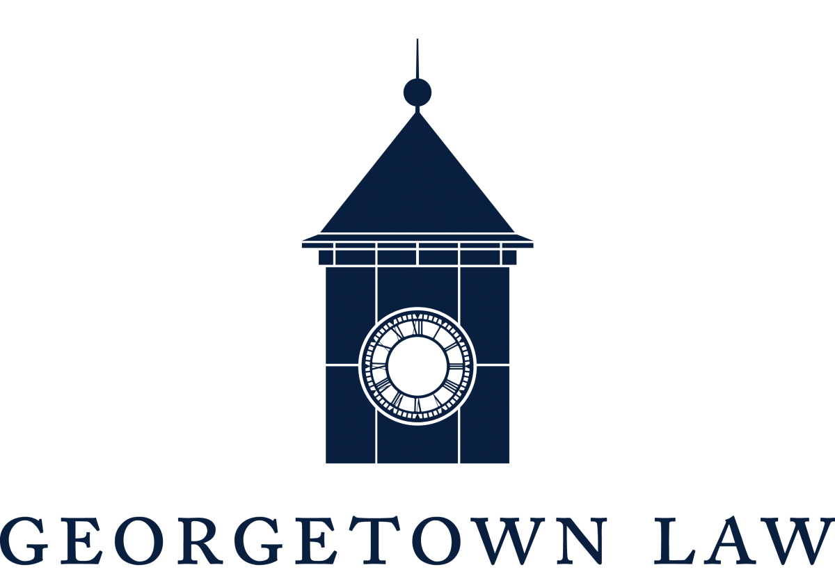 Georgetown Law school logo featuring a blue and white design with architectural elements and text.
