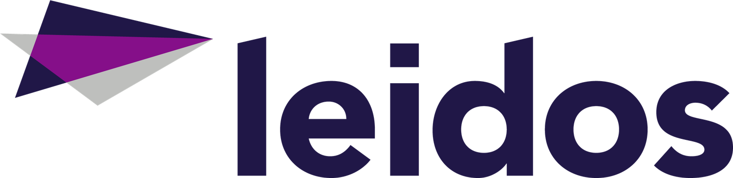 A purple and white Leidos corporate logo appears on a dark background with angular geometric design elements.