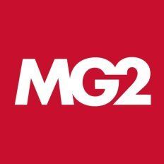 White MG2 logo design on a solid red background.