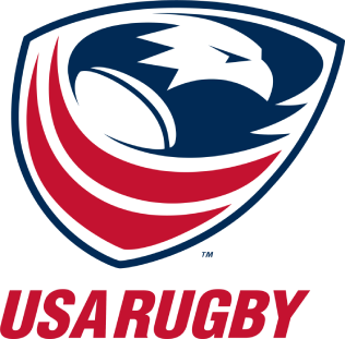 A row of USA Rugby logos in red, white and blue shield designs showing the evolution of the team's branding.