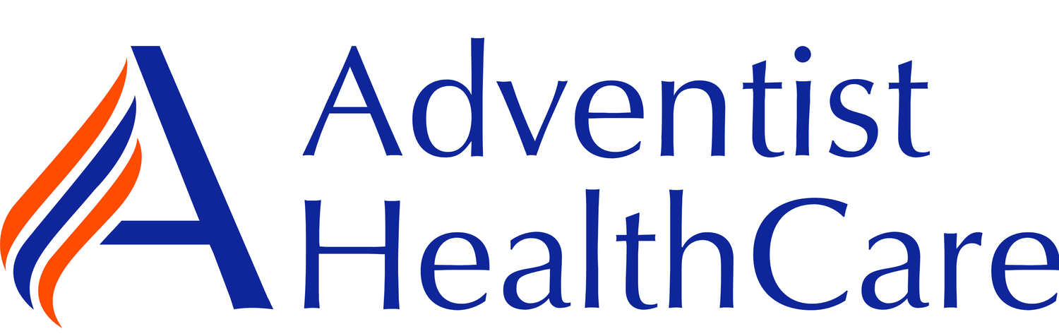 Blue and orange Adventist HealthCare logo design with stylized letter A and text on white background.