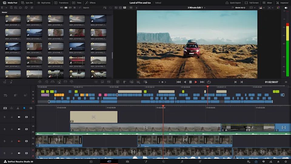 Video editing timeline shows desert off-road footage being edited in professional video editing software.