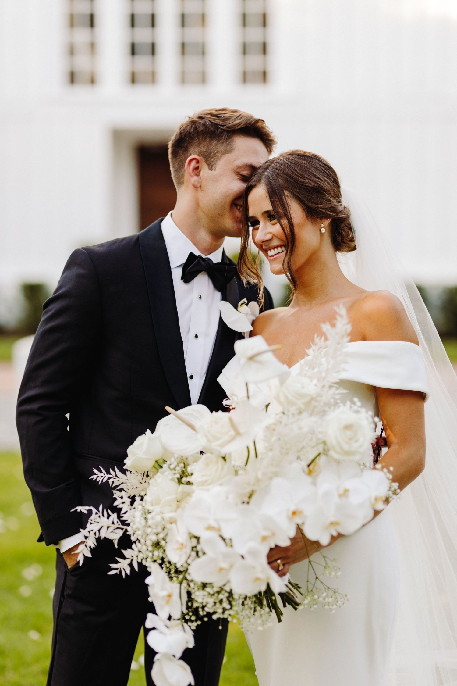 A romantic wedding couple shares intimate moments in three candid photos showing white floral bouquets and formal attire.