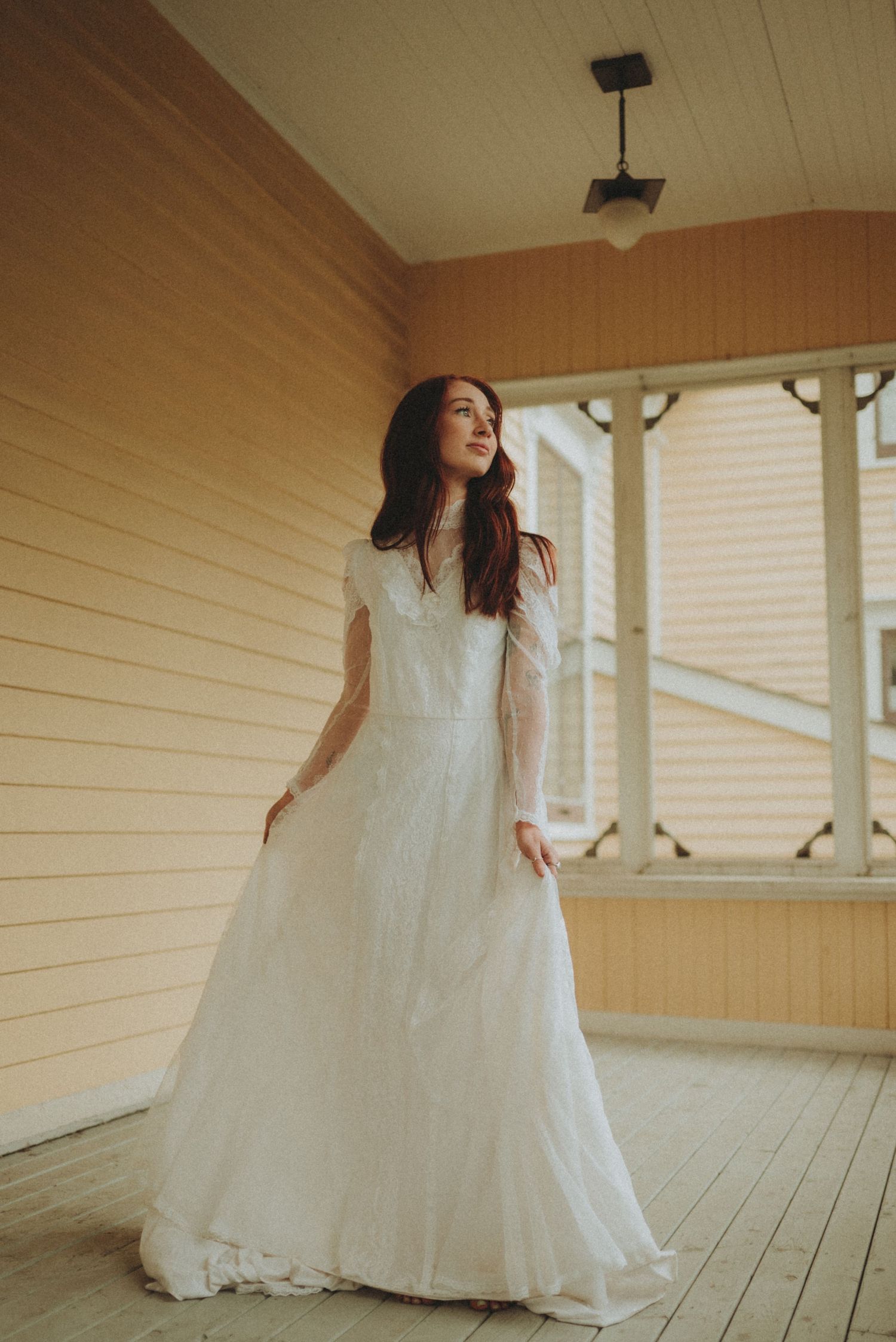 Dynamic bridal photography sequence showing movement of white wedding dress on wooden porch.