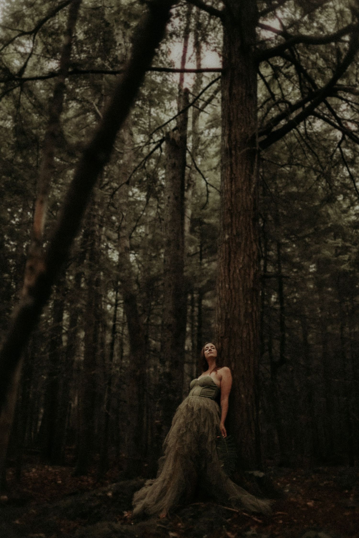 A figure in a flowing moss-colored dress poses dramatically against tall pine trees in a moody forest setting.