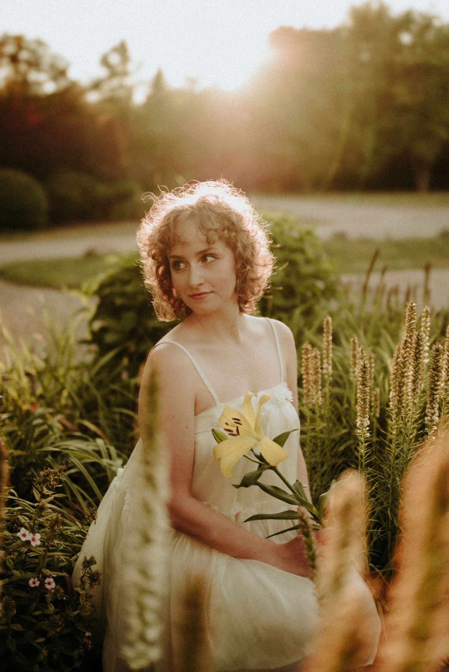 Ethereal garden portrait with white lilies and tall grass in warm evening sunlight.