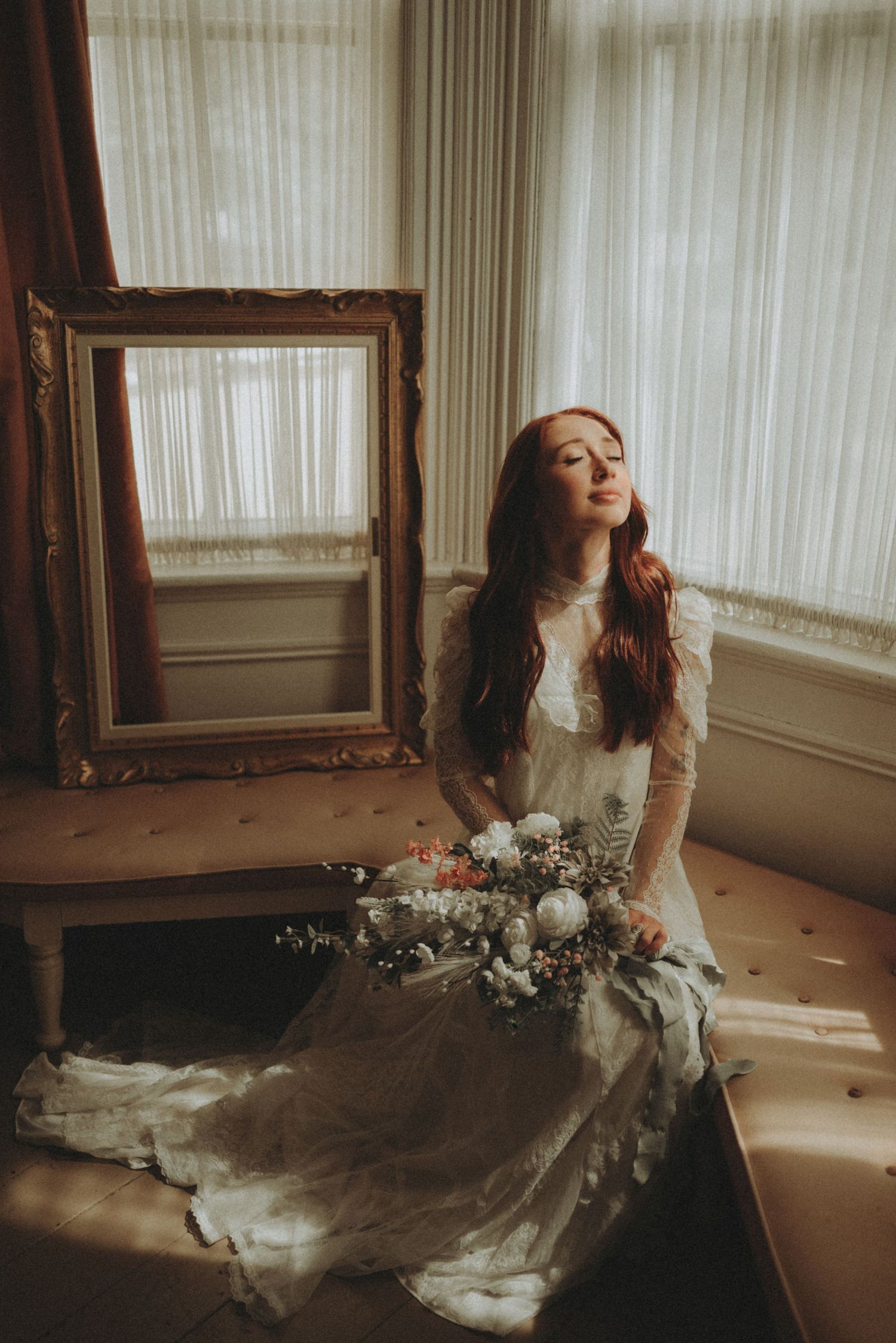 Artistic bridal portraits showcasing vintage-inspired wedding dress and natural window light.