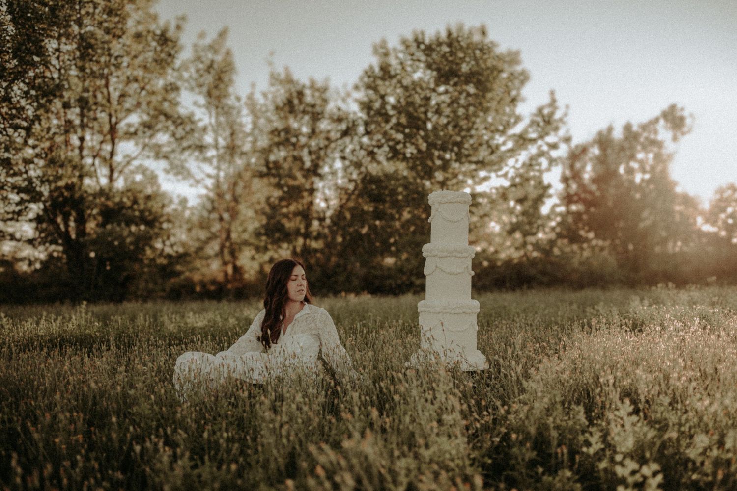 A dreamy field of wildflowers at sunset with long grass and silhouettes of trees in the background.