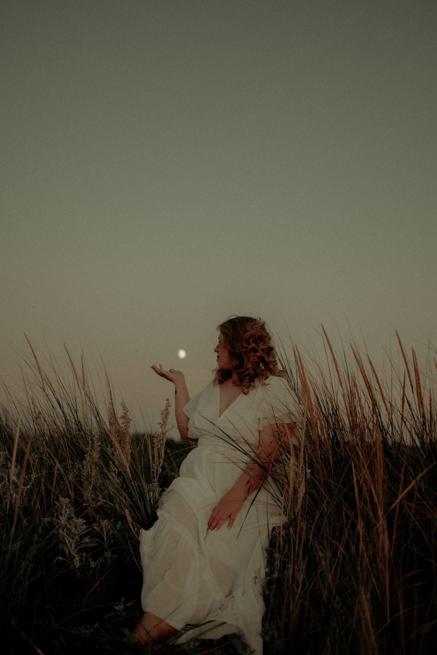 Artistic silhouette against dusky sky with tall grass and moon creating mystical outdoor ambiance.
